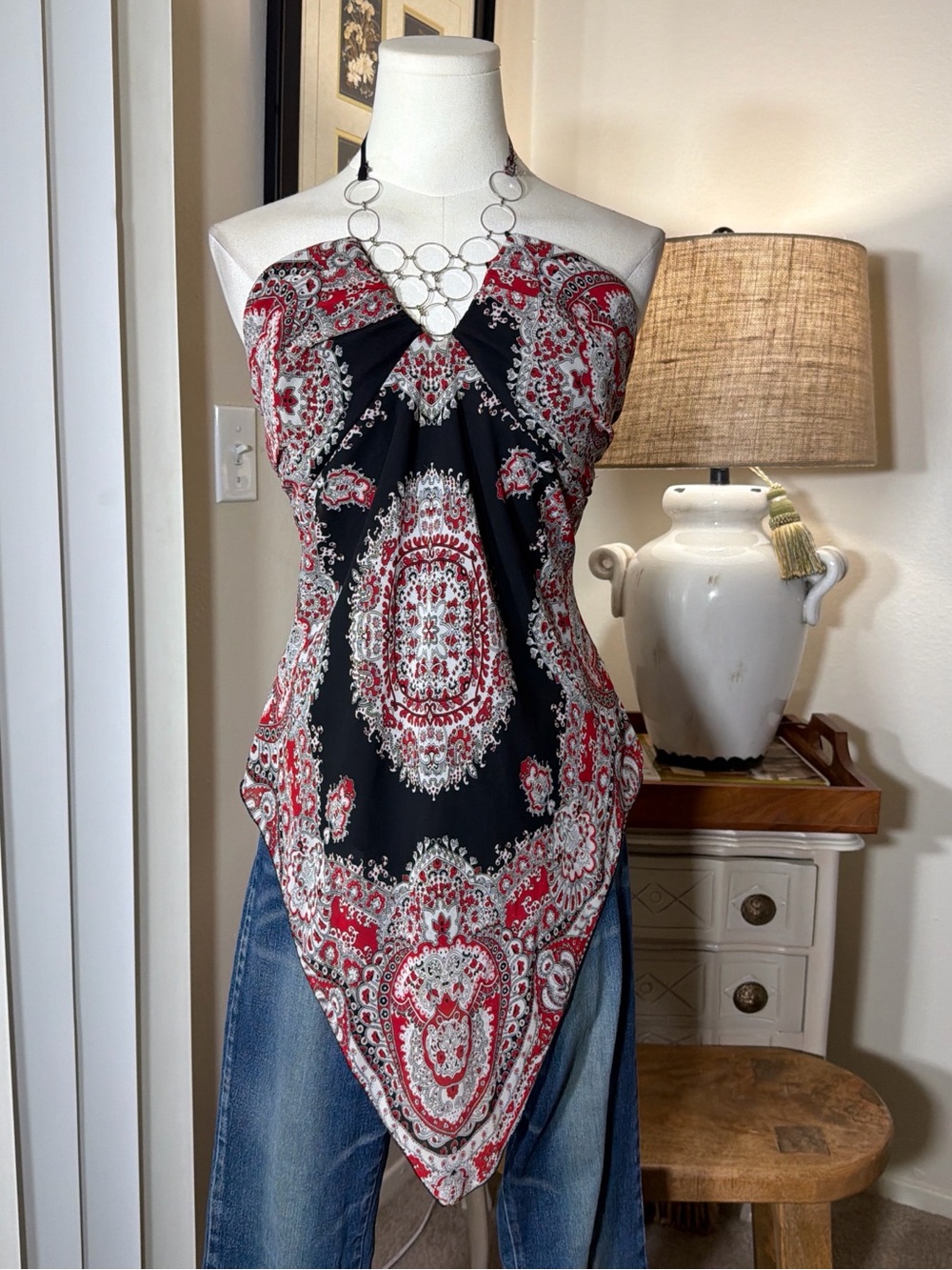 Studio 1940 Black & Red Paisley Halter Scarf Top
